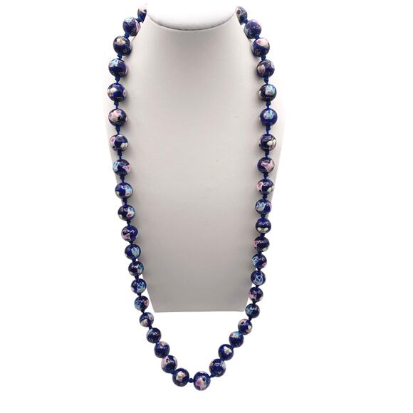 Chinese Cloisonné Cobalt Blue Flower Beaded Necklace 1940s - Picture 2 of 8